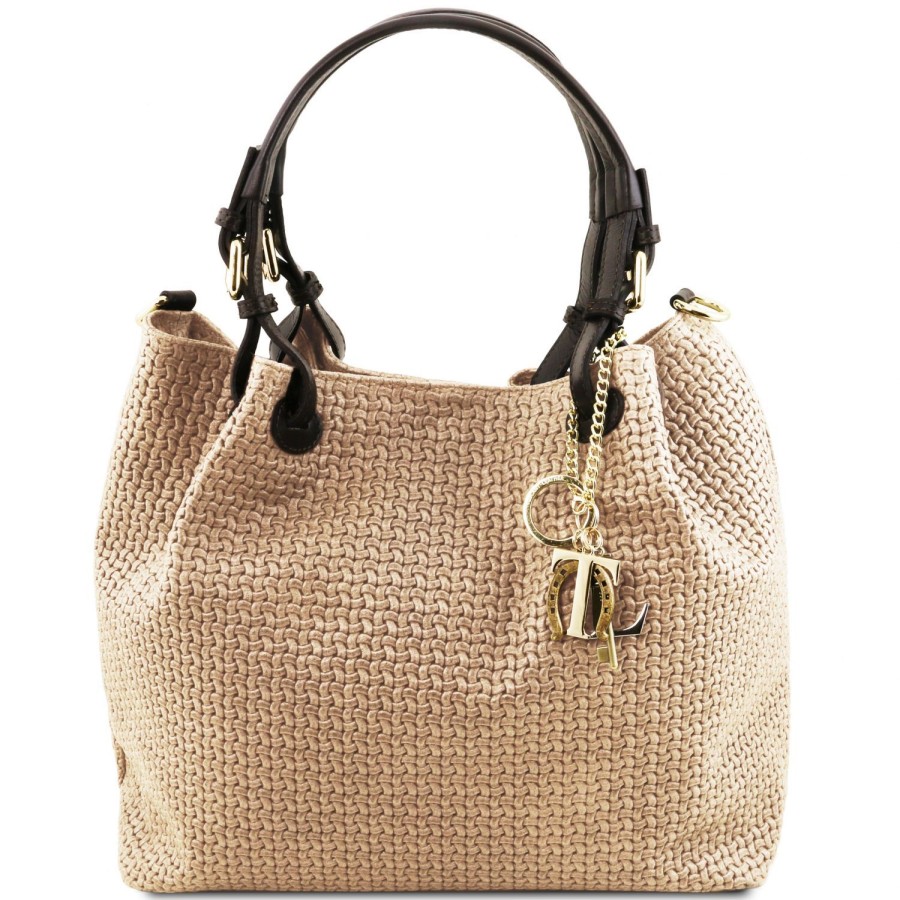 Women Tuscany Leather | Tl Keyluck - Woven Printed Leather Shopping Bag Tl141573 Beige