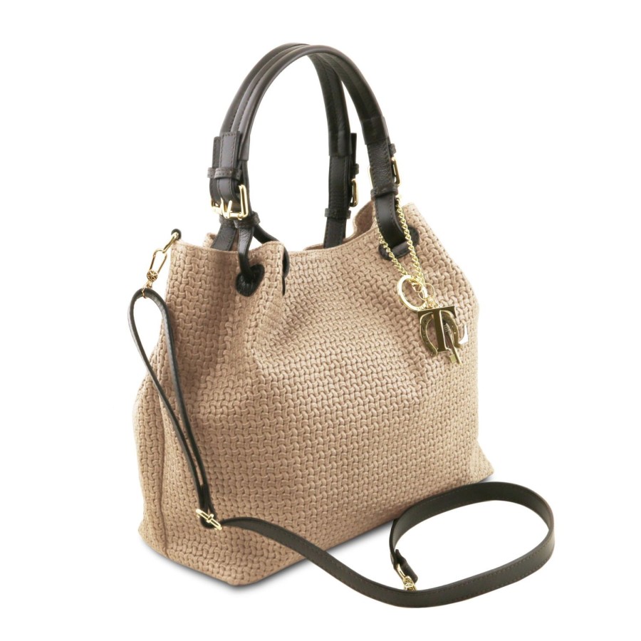 Women Tuscany Leather | Tl Keyluck - Woven Printed Leather Shopping Bag Tl141573 Beige