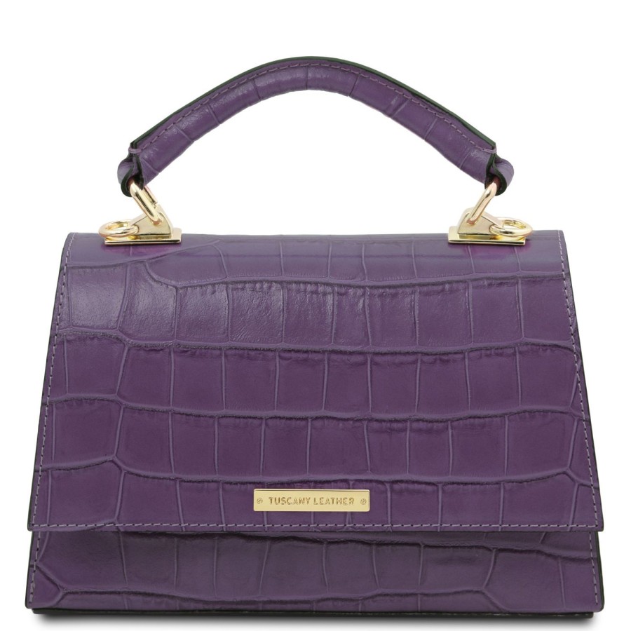 Women Tuscany Leather | Afrodite Croc Print Leather Handbag Tl142300 Purple