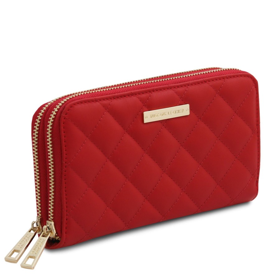 Women Tuscany Leather | Ada Double Zip Around Soft Leather Wallet Tl142349 Lipstick Red