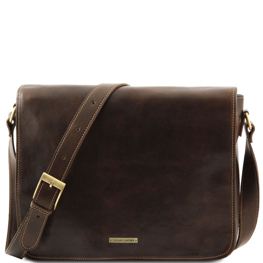 Men Tuscany Leather | Messenger Double - Corssbody Leather Bag Tl90475 Dark Brown