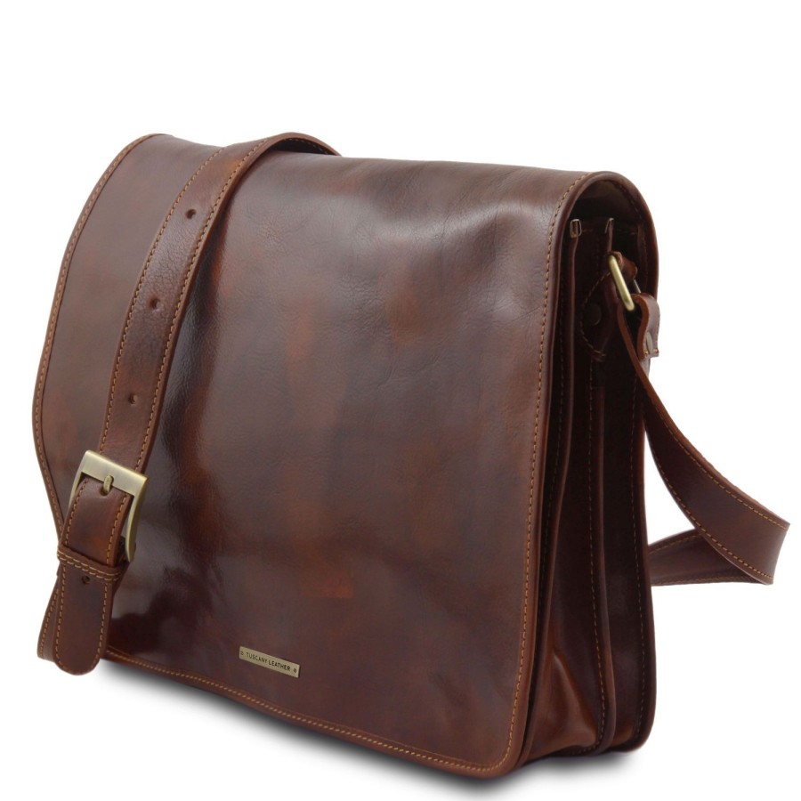 Men Tuscany Leather | Messenger Double - Corssbody Leather Bag Tl90475 Dark Brown