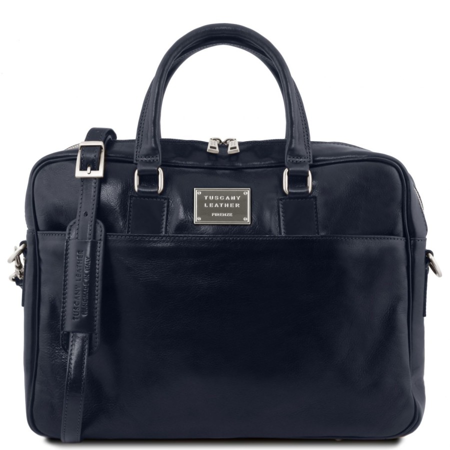 Business Tuscany Leather | Urbino Leather Laptop Briefcase With Front Pocket Tl141241 Dark Blue