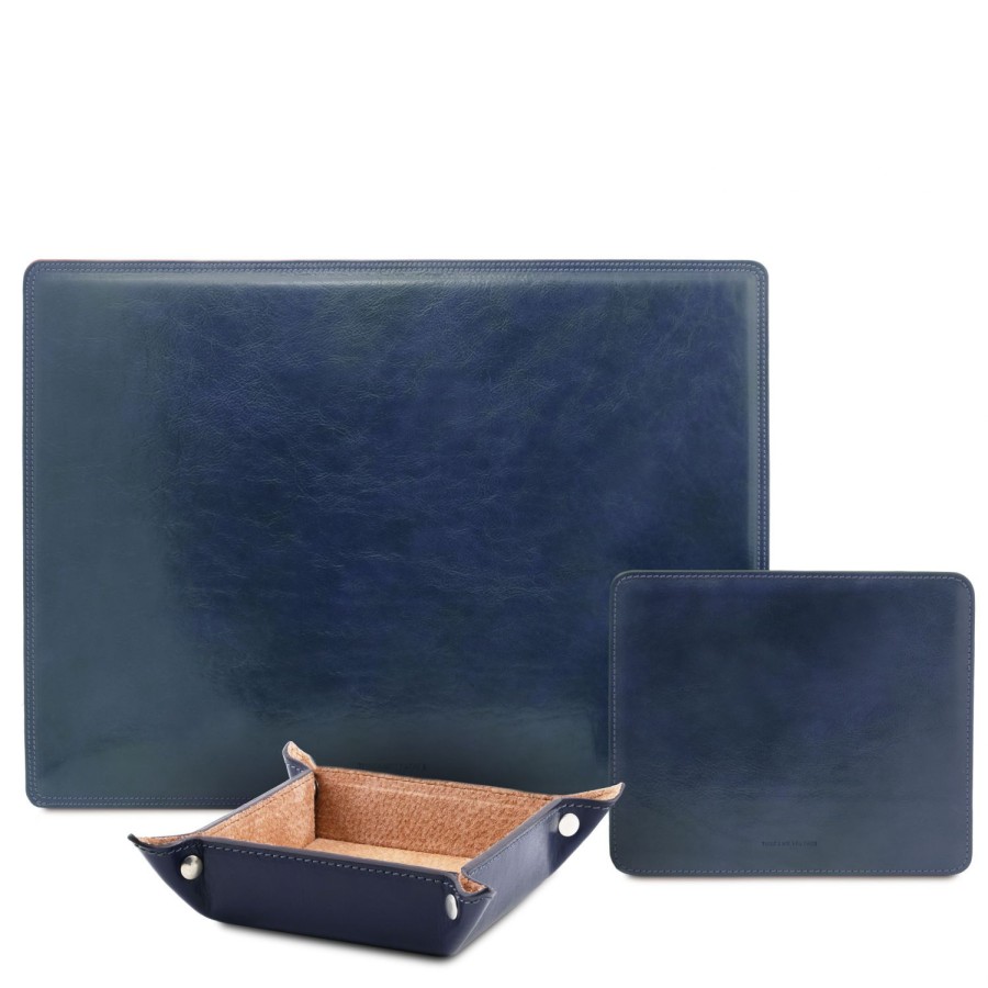 Business Tuscany Leather | Set Desk Pad, Mouse Pad And Valet Tray Tl142088 Dark Blue