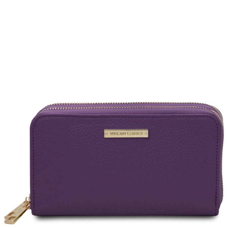 Women Tuscany Leather | Mira Double Zip Around Leather Wallet Tl142331 Purple