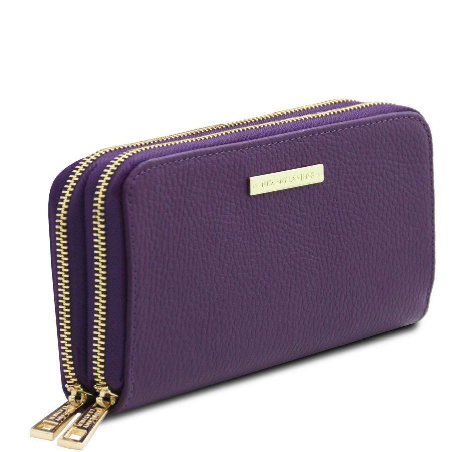 Women Tuscany Leather | Mira Double Zip Around Leather Wallet Tl142331 Purple