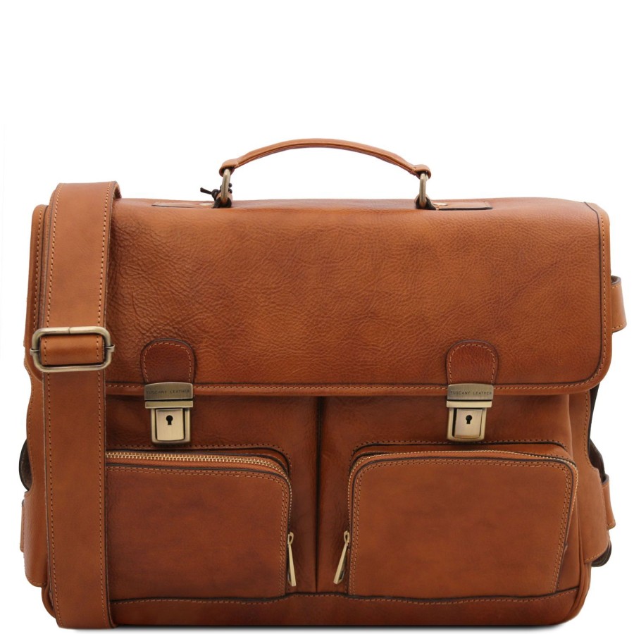 Business Tuscany Leather | Ventimiglia Leather Briefcase With Front Pockets Tl142069 Natural