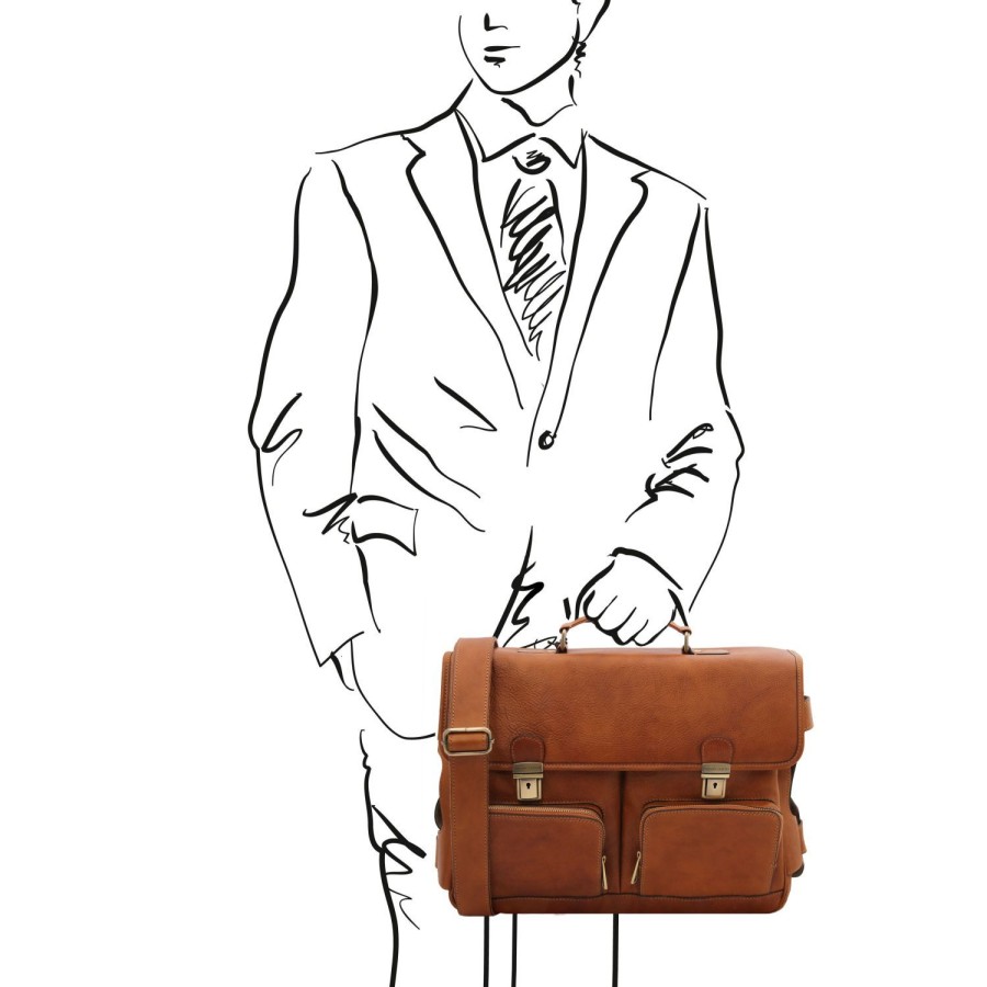 Business Tuscany Leather | Ventimiglia Leather Briefcase With Front Pockets Tl142069 Natural