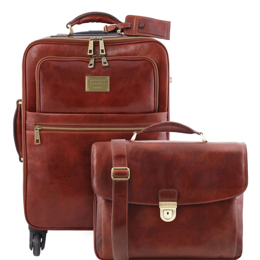 Business Tuscany Leather | Travel Set - Trolley And Leather Laptop Bag Brown