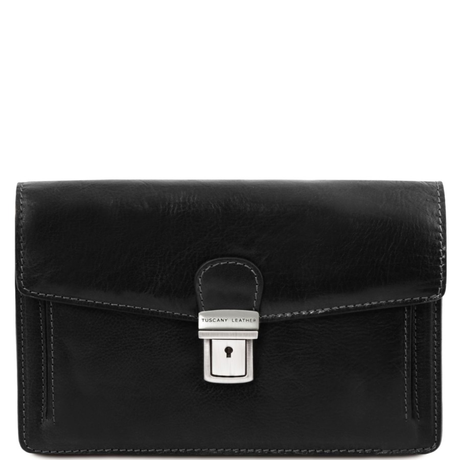 Men Tuscany Leather | Tommy Exclusive Leather Handy Wrist Bag For Men Tl141442 Black