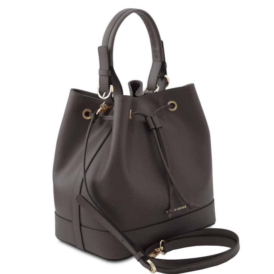 Women Tuscany Leather | Minerva Leather Bucket Bag Tl142145 Grey